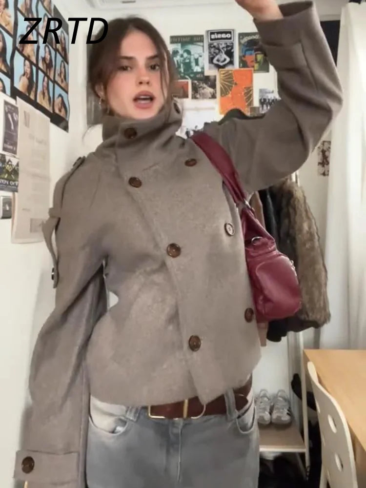 Elegant Women's Short Woolen Coats Stand Collar Double Breasted Long Sleeve Female Jacket 2026 Autumn Winter Lady Warm Outwear