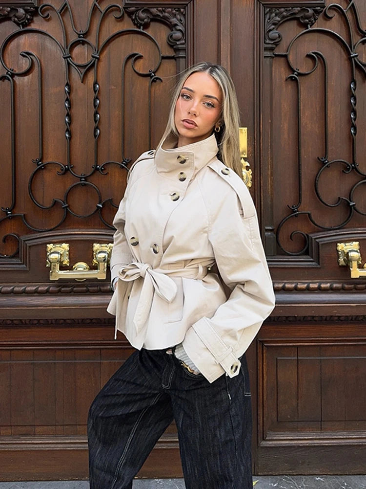 Trench Coat Women's Coats Stand Collar Top Double Breasted Buttons Jacket Self-Tie Belt Spring Daily Outerwear Woman Clothes
