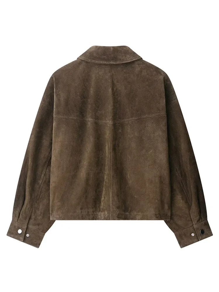 Vintage Women's Brown Suede Jackets Casual Loose Lapel Zipper Pockets Long Sleeve Female Coats 2025 Autumn Lady Commute Outwear
