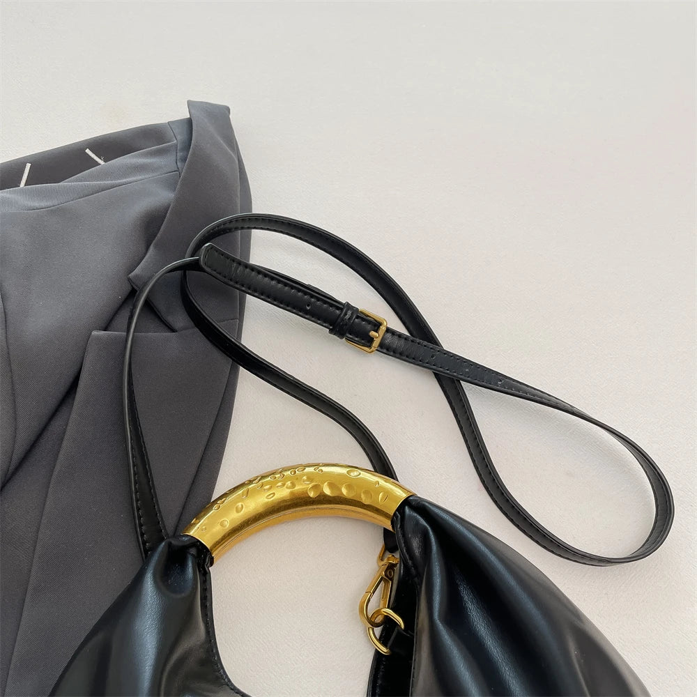 MOODS Retro Gold Ring Handle Women Hobo Bag Soft Vegan Leather Shoulder Crossbody Purse Elegant Luxury Handbag For Evening Party