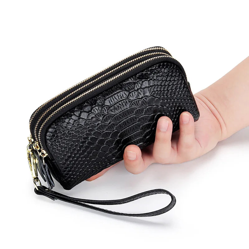 Genuine Leather Women Wallet Long Zipper Wristlet Bag Fashion Crocodile Lady Clutch Coin Purse Mobile Phone Bag Money Clip
