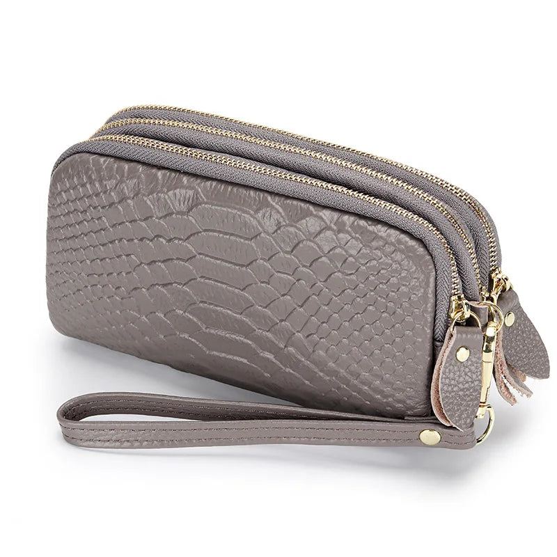 Genuine Leather Women Wallet Long Zipper Wristlet Bag Fashion Crocodile Lady Clutch Coin Purse Mobile Phone Bag Money Clip