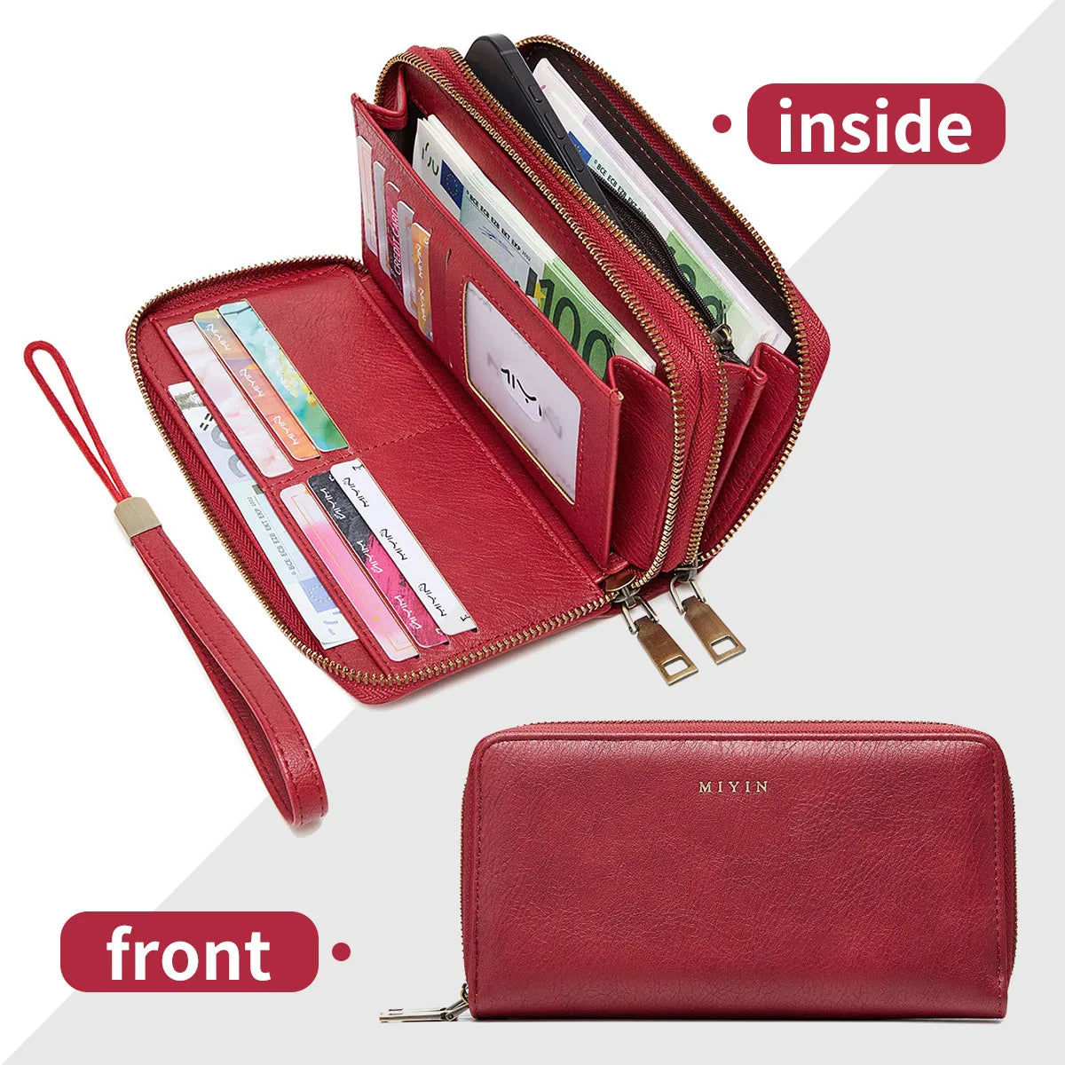 NEW RFID Blocking Vintage Large Capacity Double-Zipper Wallet Stylish Handbag Women'S with Multiple Card Slots and Phone Holder