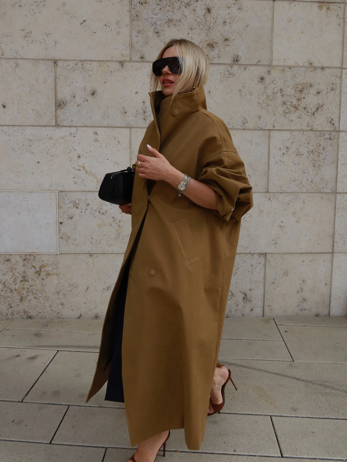 Women Stand Collar Full Sleeve Oversized Windbreaker Solid Single Breasted Lace Up Long Trench Coat Lady Autumn Casual Jacket