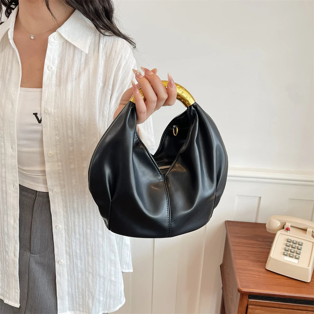 MOODS Retro Gold Ring Handle Women Hobo Bag Soft Vegan Leather Shoulder Crossbody Purse Elegant Luxury Handbag For Evening Party