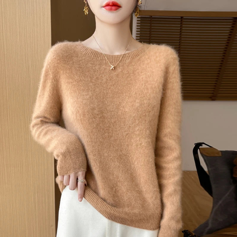 100% Merino solid color sweater ladies autumn and winter new solid color O-neck long sleeve warm fashion loose knit sweater