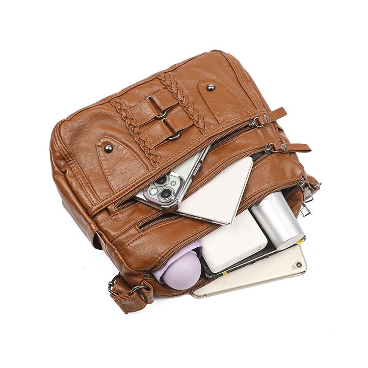 Retro Multi Pocket Crossbody Bag, Soft Synthetic Leather Shoulder Bag, Women's Bag, with Adjustable Shoulder Strap