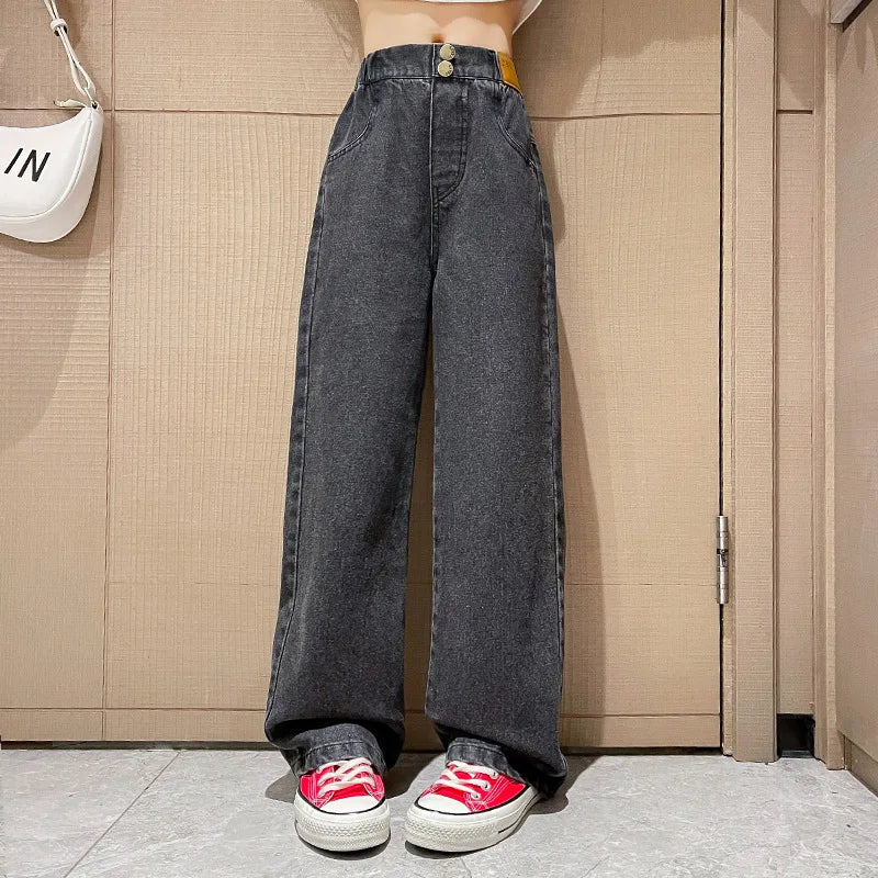 New 2024 Teenage Girls Blue Street Cartoon Print Elastic Mid Waist Loose Denim Jeans Spring Fashion Children Cute Wide Leg Pants