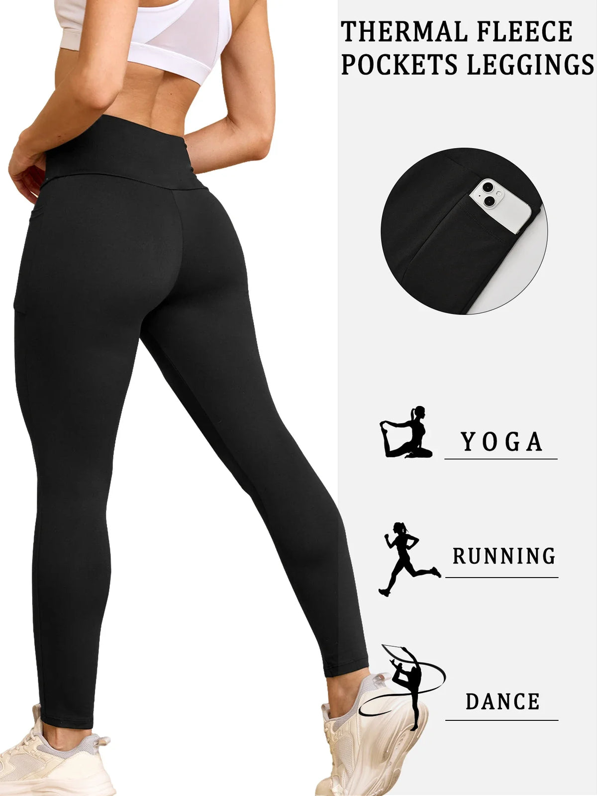 Womens Thermal Fleece Lined High Waisted with Pockets Leggings, Workout Winter Warm Tights Soft Yoga Running Pants