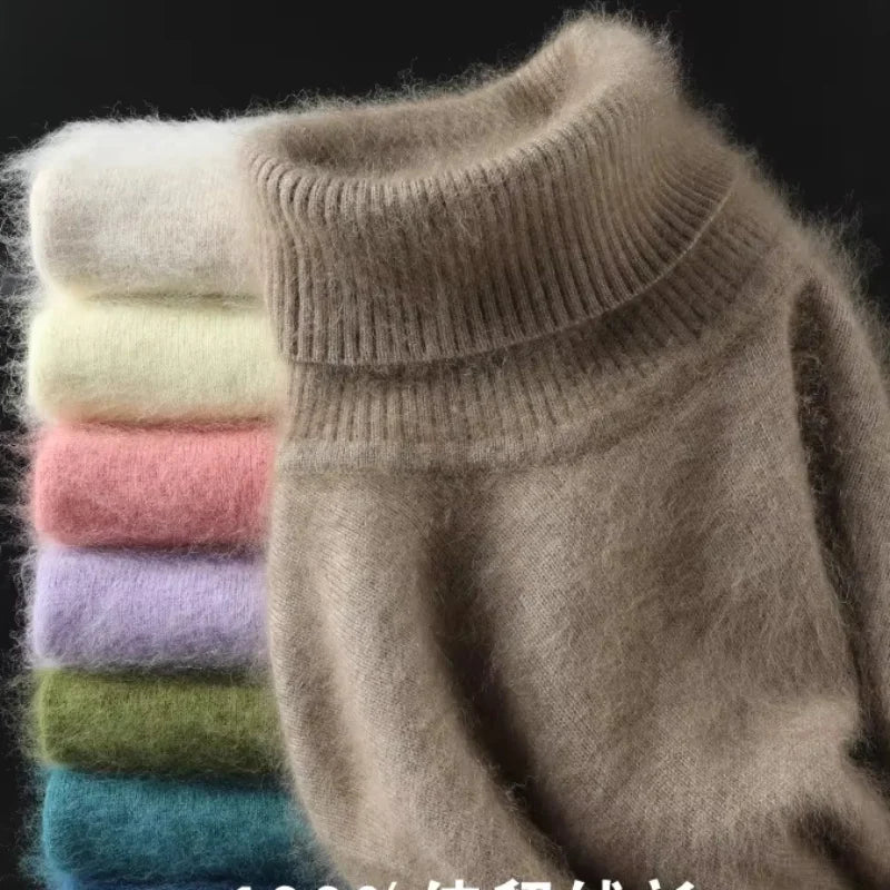 Autumn Winter 100% Mink Cashmere Sweater Women Knitwear Pullover Thick Warm Solid Color Plus Size Base  High Lapel Clothing Tops