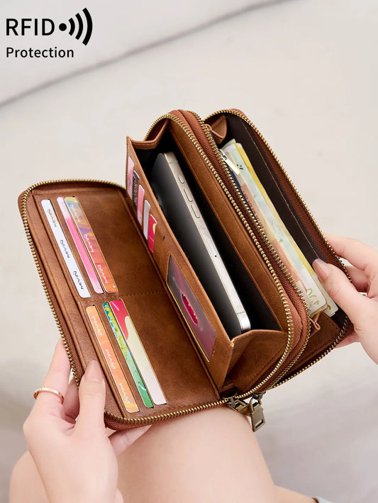 NEW RFID Blocking Vintage Large Capacity Double-Zipper Wallet Stylish Handbag Women'S with Multiple Card Slots and Phone Holder