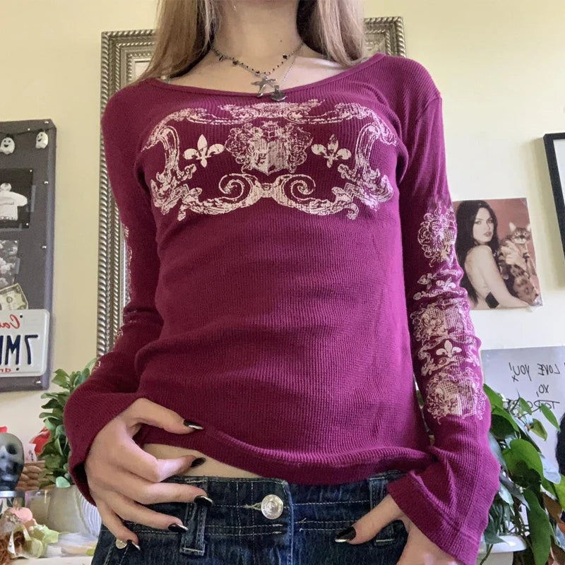Y2K Skull Graphic Long Sleeve Top