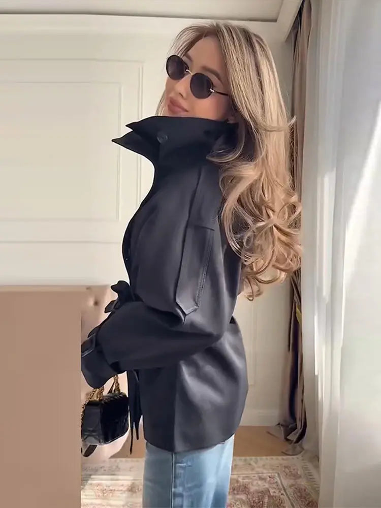 Trench Coat Women's Coats Stand Collar Top Double Breasted Buttons Jacket Self-Tie Belt Spring Daily Outerwear Woman Clothes