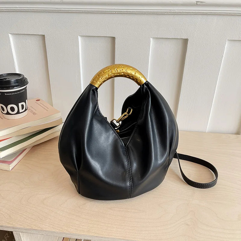 MOODS Retro Gold Ring Handle Women Hobo Bag Soft Vegan Leather Shoulder Crossbody Purse Elegant Luxury Handbag For Evening Party