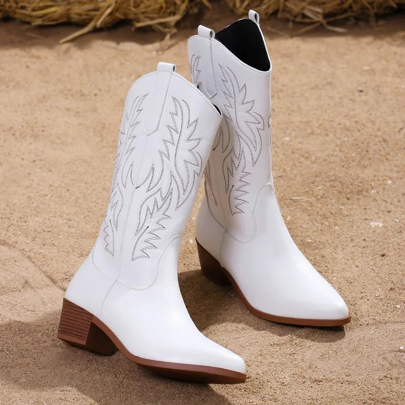 Western Women Boots 2024 Autumn Winter Fashion Chunky Heeled Cowboy Boots Vintage Style Country Western Cowgirl High Heels Boots