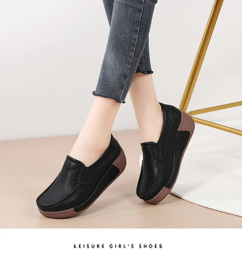 Spring and Summer Women Fashion Loafers Genuine Leather Moccasins Autumn Slip-on Casual Round Toe Wedge Platform Rocking Shoes