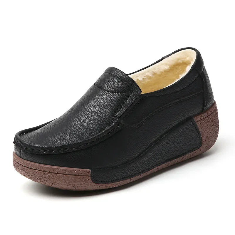 Spring and Summer Women Fashion Loafers Genuine Leather Moccasins Autumn Slip-on Casual Round Toe Wedge Platform Rocking Shoes