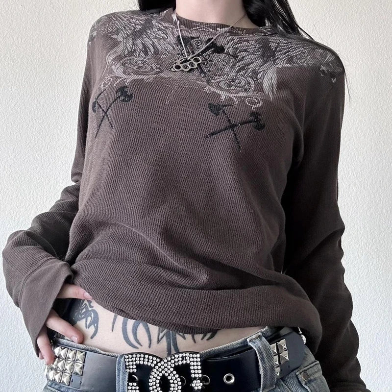Y2K Skull Graphic Long Sleeve Top