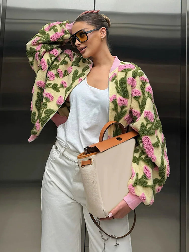 3D Floral Bomber Jacket Coat Women Fashion Lapel Neck Long Sleeve Zipper Loose Outerwear Female Spring Chic Casual Jackets Wear