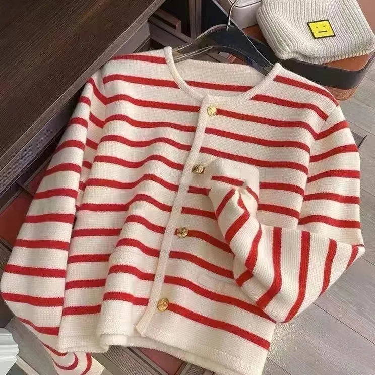 Elegant Striped Knitted Cardigans Coat Fashion Long Sleeve Women O-Neck Single Breasted Korean Sweaters Autumn Tops New Cardigan