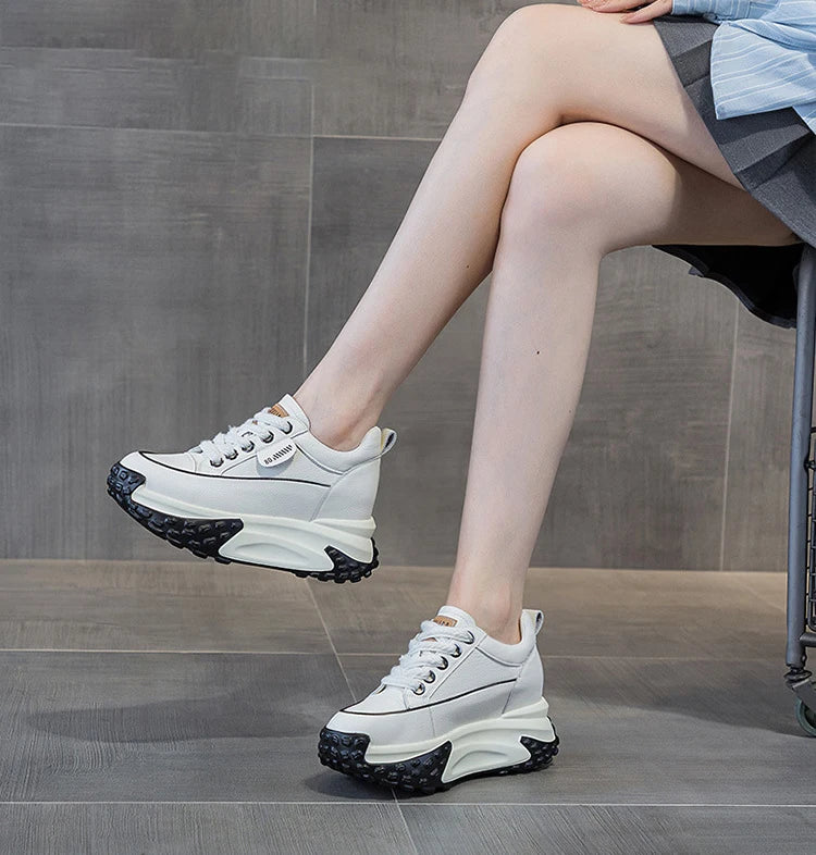 Fujin 3 inch 7cm Genuine Leather Platform Wedge Fashion Women fall winter Chunky Sneakers Heel Shoes Breathable Comfortable