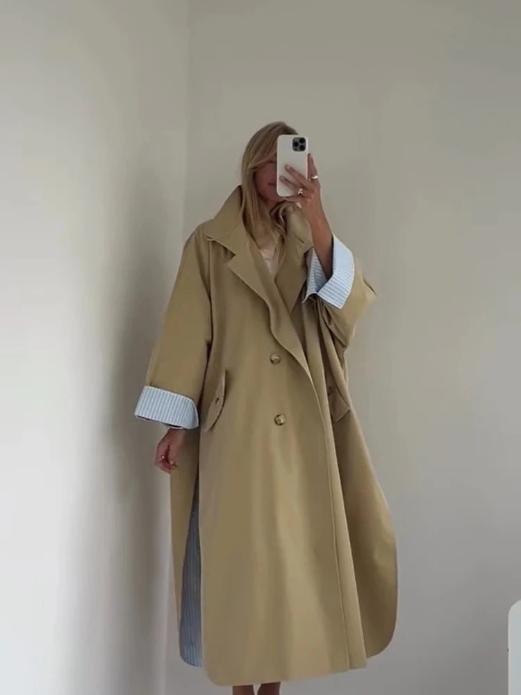 Solid Lace Up Long Trench Coat Women Chic Full Sleeves Lapel Single Breasted Loose Outerwear 2026 Lady Spring High Street Wear