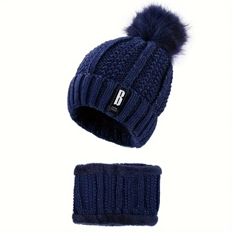 Knitted Hat Set Winter Warm Skull Hat Thick Plush Windproof Anti-Cold Women Casual Snow Hats Beanie