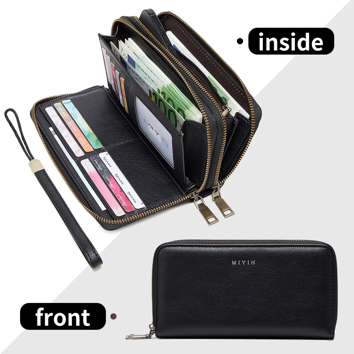 NEW RFID Blocking Vintage Large Capacity Double-Zipper Wallet Stylish Handbag Women'S with Multiple Card Slots and Phone Holder