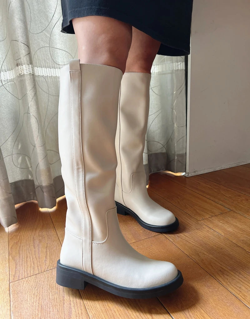 INS Plus Size 34-43 New Fashion Full Genuine Leather Boots Women Slip On Knee High Boots Autumn Winter Straight Knight Botas