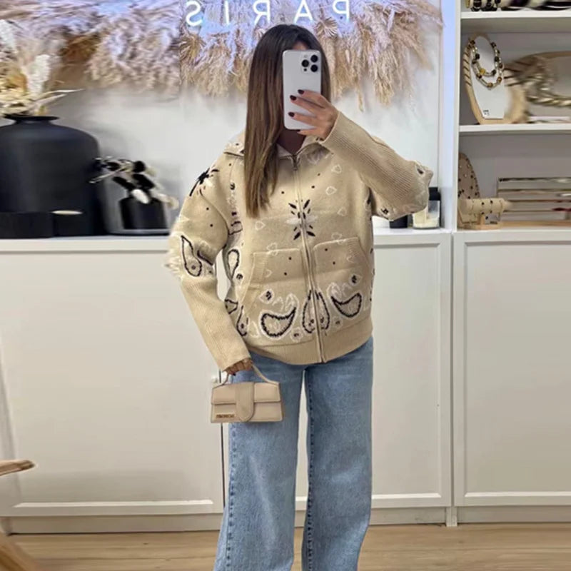 Paisley Print Knit Sweater Jacket Women Stand Collar Raglan Sleeve Zip Up Front Pocket Cardigan 2026 Autumn Retro Loose Jackets
