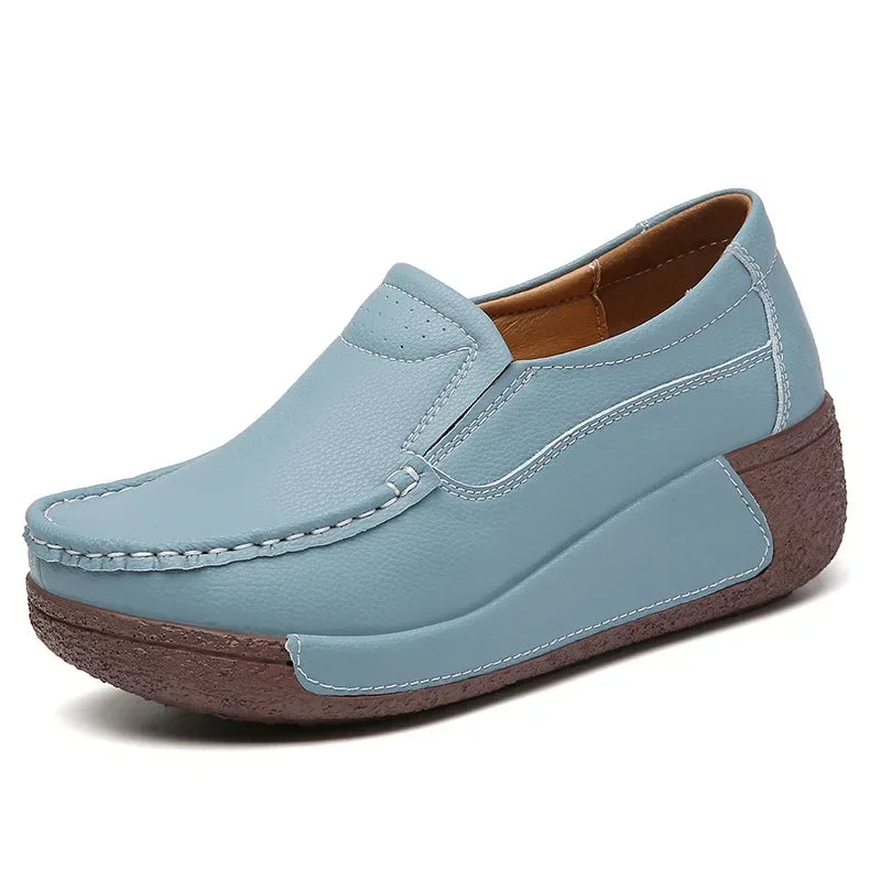 Spring and Summer Women Fashion Loafers Genuine Leather Moccasins Autumn Slip-on Casual Round Toe Wedge Platform Rocking Shoes