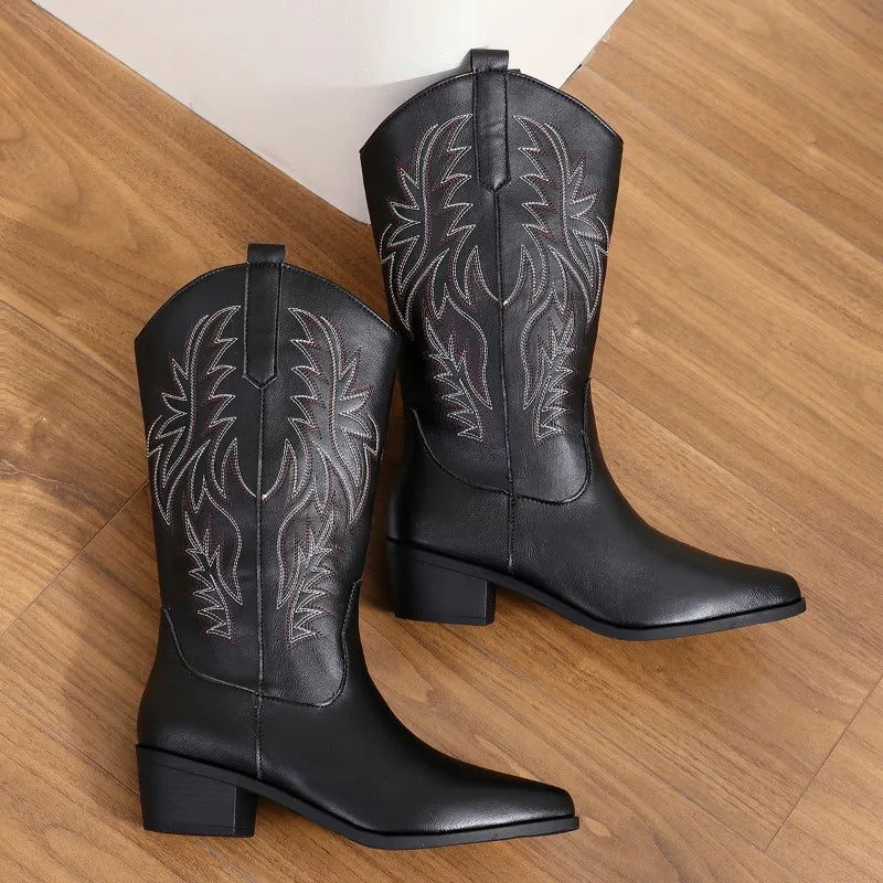 Western Women Boots 2024 Autumn Winter Fashion Chunky Heeled Cowboy Boots Vintage Style Country Western Cowgirl High Heels Boots