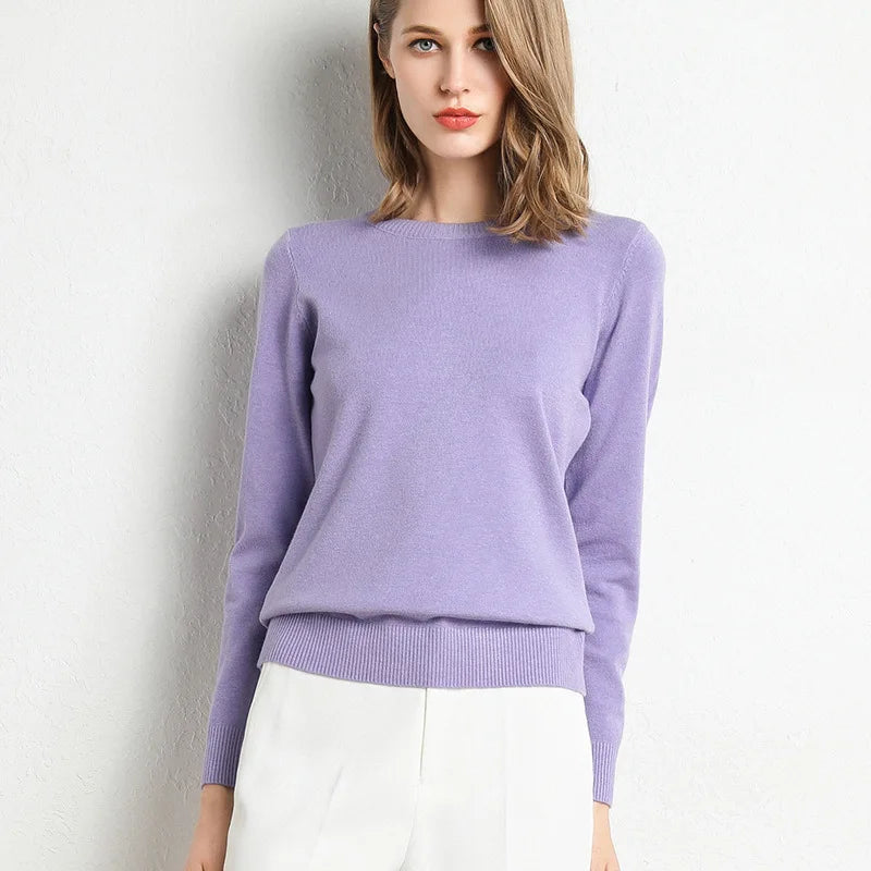 Women Slim ONeck Solid Pullover Cashmere Wool Blending Sweater Autumn And Winter Long-Sleeved Knit Bottoming Shirt Large Size