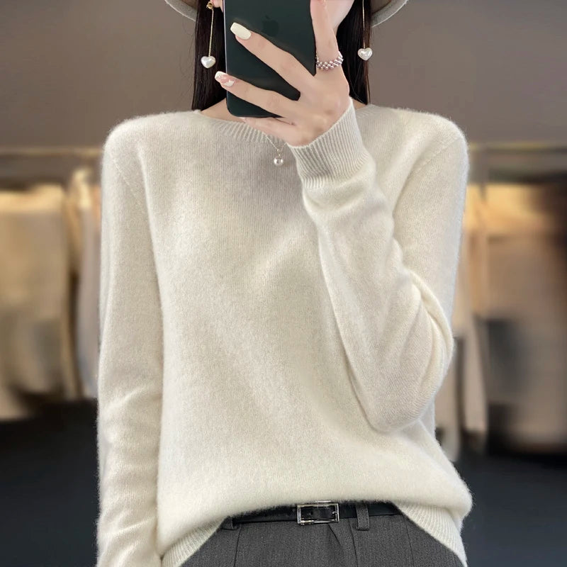 100% Merino solid color sweater ladies autumn and winter new solid color O-neck long sleeve warm fashion loose knit sweater