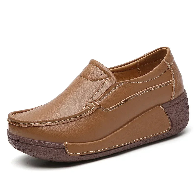 Spring and Summer Women Fashion Loafers Genuine Leather Moccasins Autumn Slip-on Casual Round Toe Wedge Platform Rocking Shoes