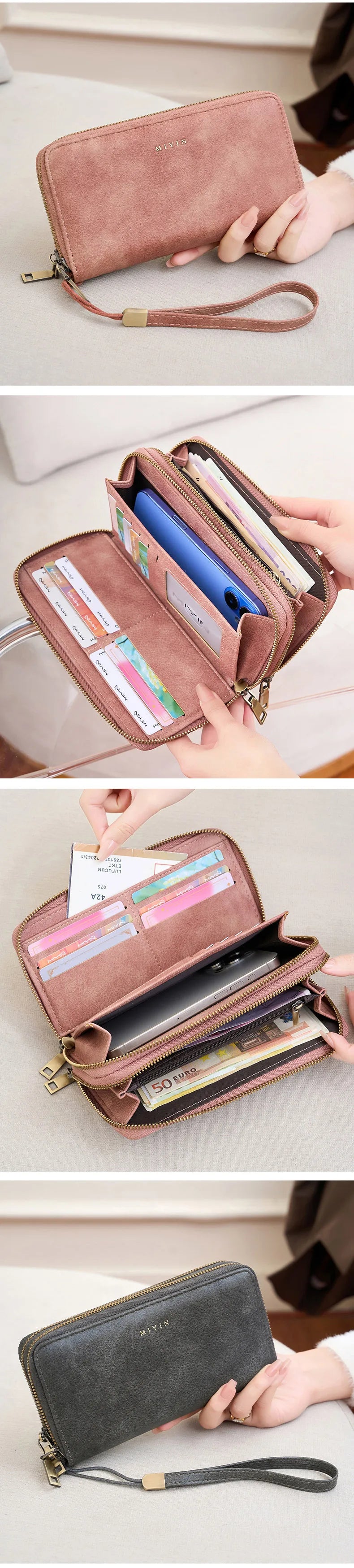 NEW RFID Blocking Vintage Large Capacity Double-Zipper Wallet Stylish Handbag Women'S with Multiple Card Slots and Phone Holder