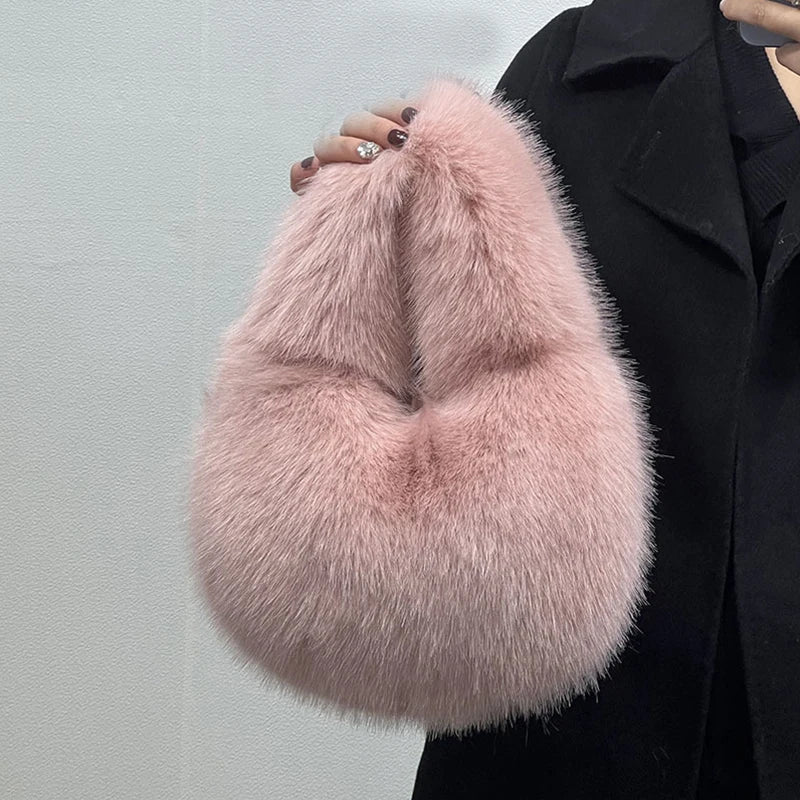 Women's Winter Casual Furry Shoulder Bag Soft Plush Solid Color Clutch Purse Lightweight Female Hobos Handbag