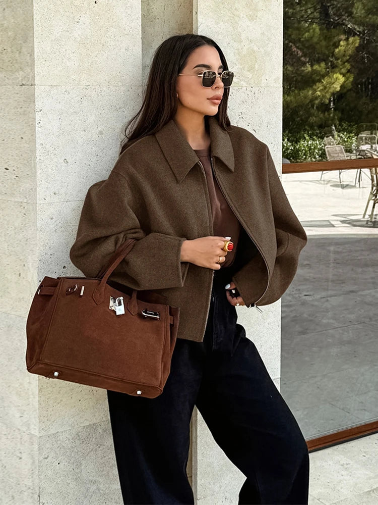 Elegant Women's Woolen Coat Zipper Long Sleeve Blazer Thick Warm Office Lady Tops 2026 Autumn Winter Fashion Short Streetwear