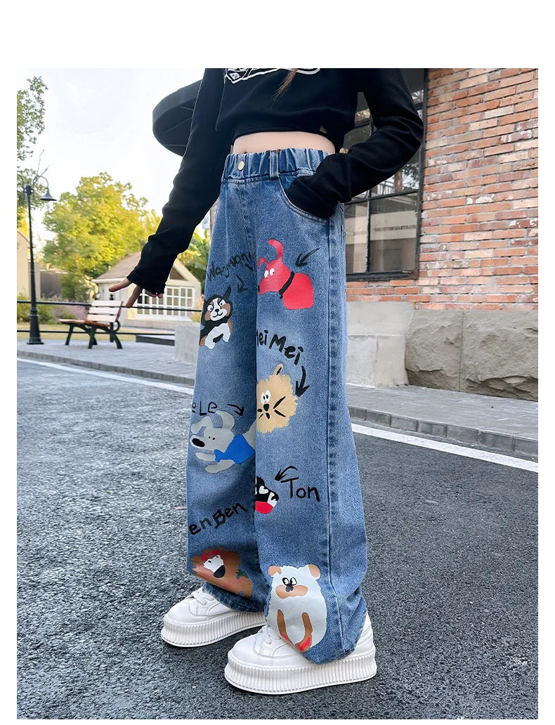 New 2024 Teenage Girls Blue Street Cartoon Print Elastic Mid Waist Loose Denim Jeans Spring Fashion Children Cute Wide Leg Pants