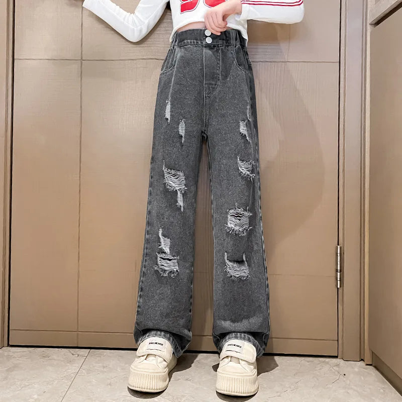 New 2024 Teenage Girls Blue Street Cartoon Print Elastic Mid Waist Loose Denim Jeans Spring Fashion Children Cute Wide Leg Pants