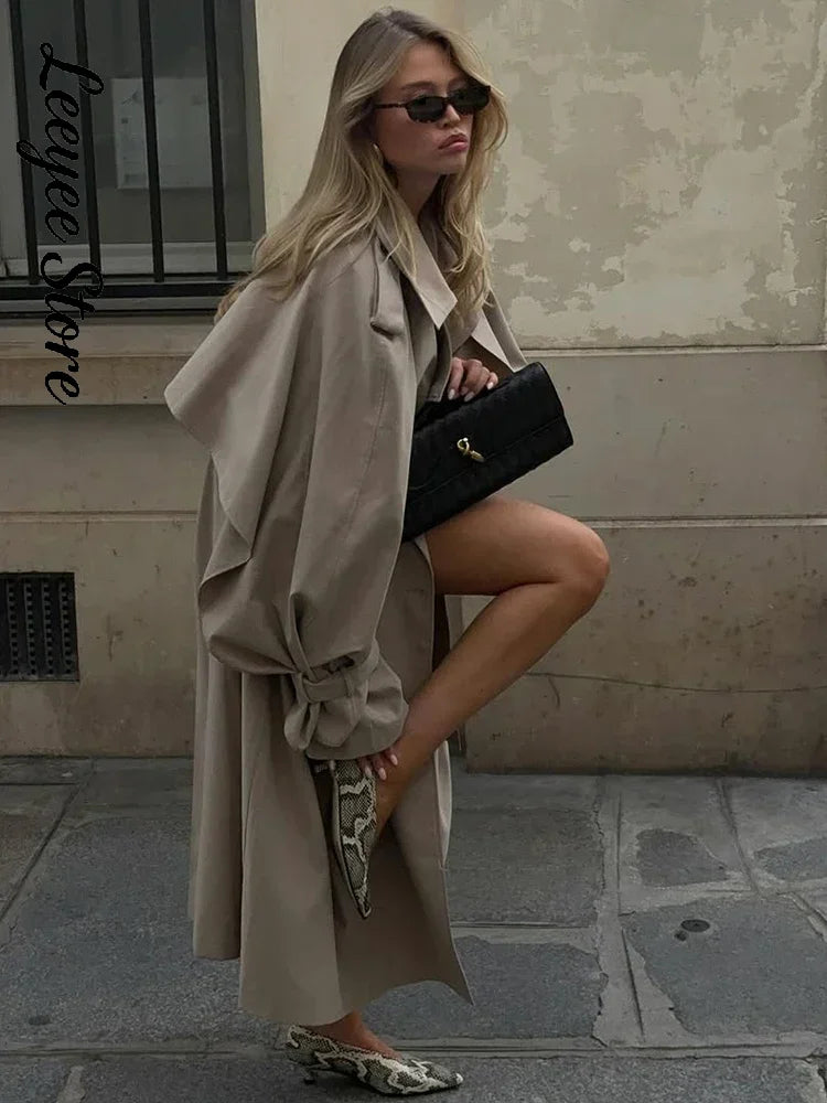 Solid Lace Up Long Trench Coat Women Chic Full Sleeves Lapel Single Breasted Loose Outerwear 2026 Lady Spring High Street Wear