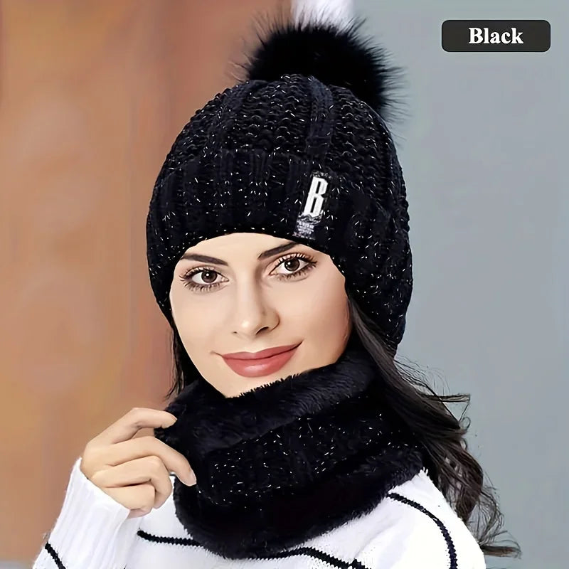 Knitted Hat Set Winter Warm Skull Hat Thick Plush Windproof Anti-Cold Women Casual Snow Hats Beanie