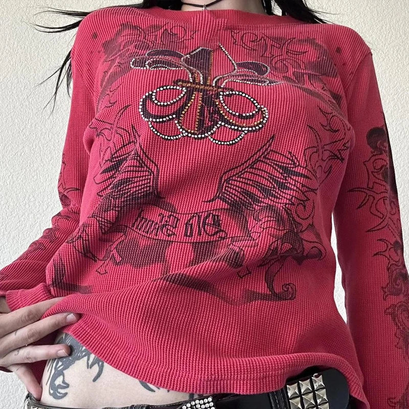 Y2K Skull Graphic Long Sleeve Top