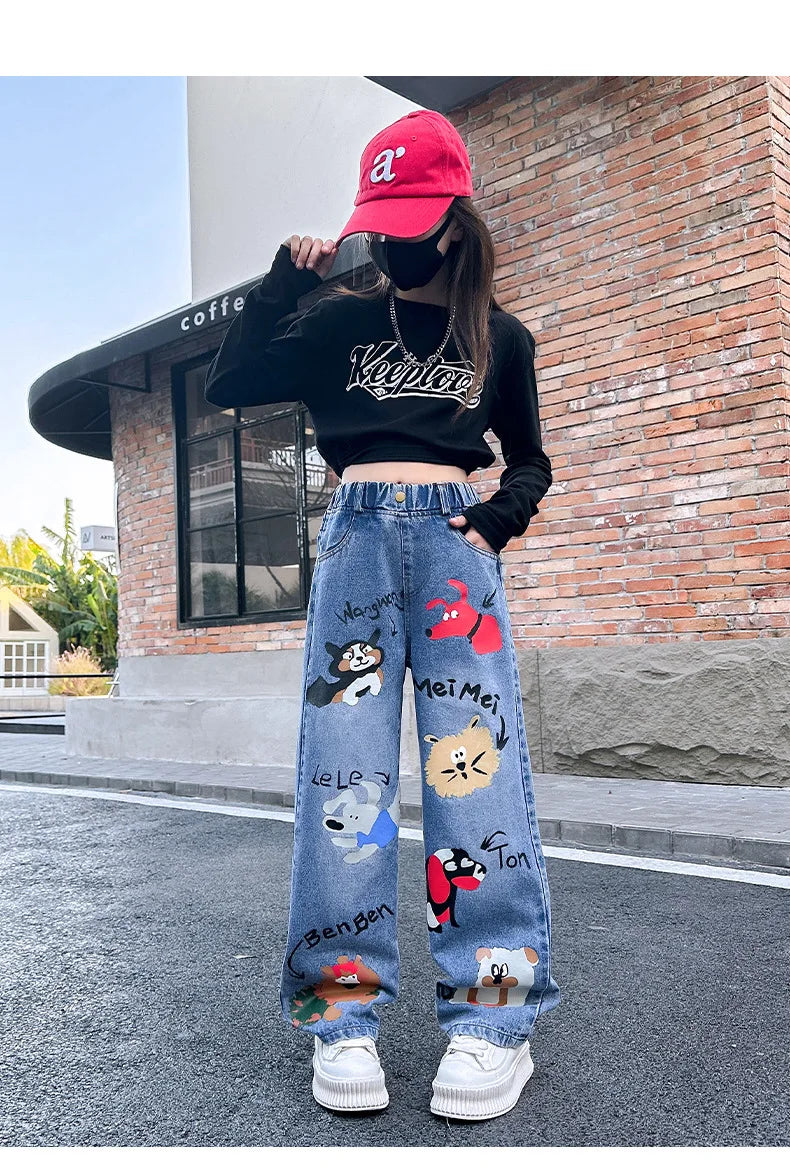 New 2024 Teenage Girls Blue Street Cartoon Print Elastic Mid Waist Loose Denim Jeans Spring Fashion Children Cute Wide Leg Pants
