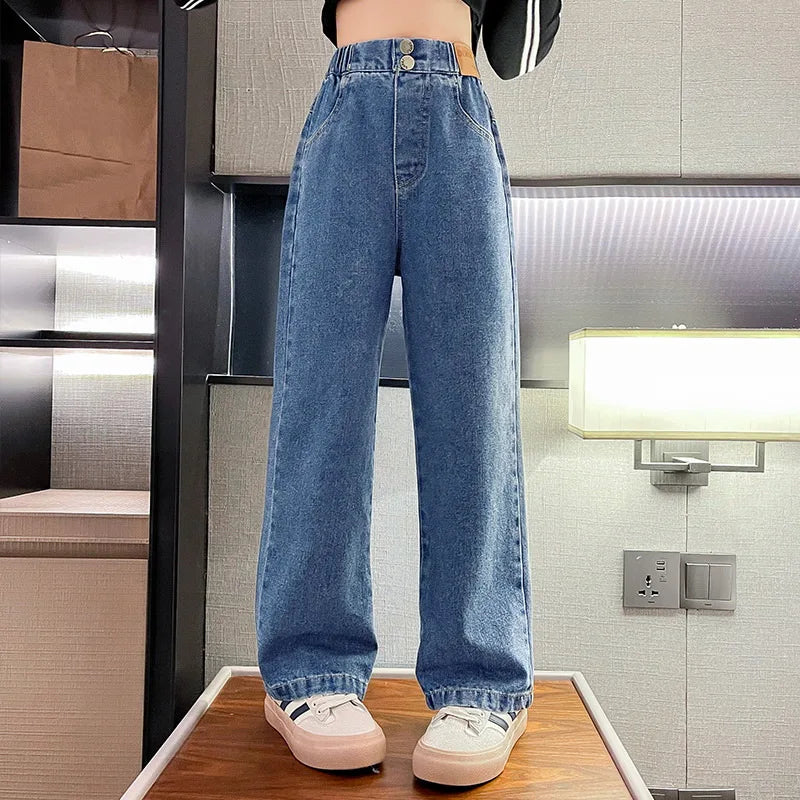 New 2024 Teenage Girls Blue Street Cartoon Print Elastic Mid Waist Loose Denim Jeans Spring Fashion Children Cute Wide Leg Pants