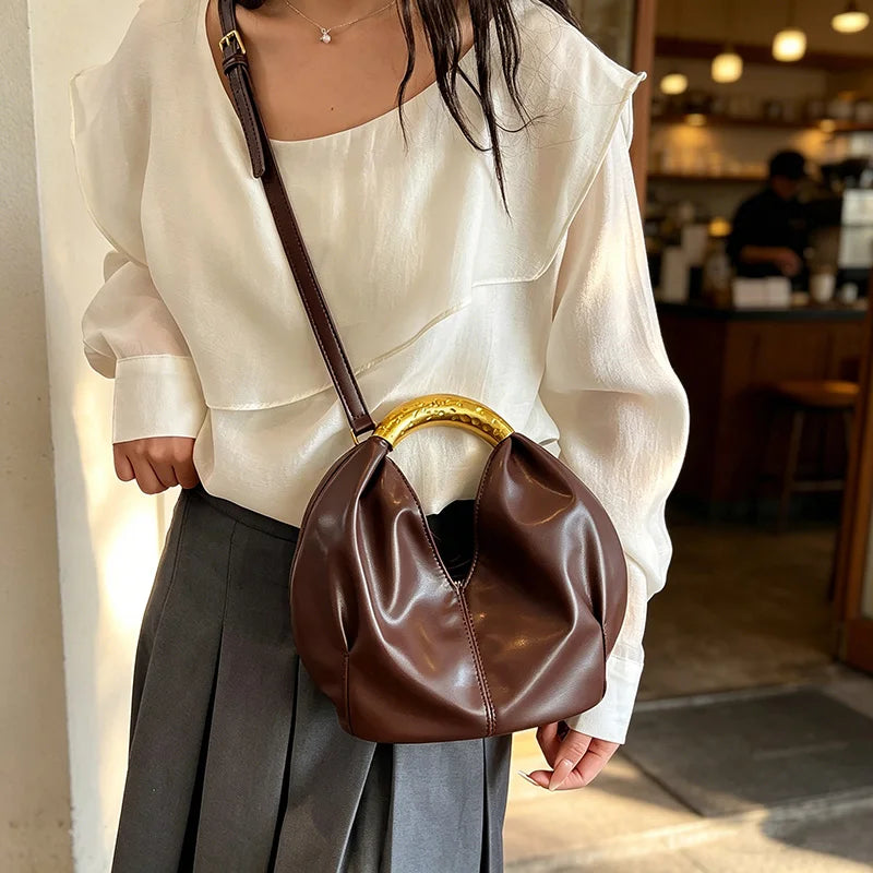 MOODS Retro Gold Ring Handle Women Hobo Bag Soft Vegan Leather Shoulder Crossbody Purse Elegant Luxury Handbag For Evening Party