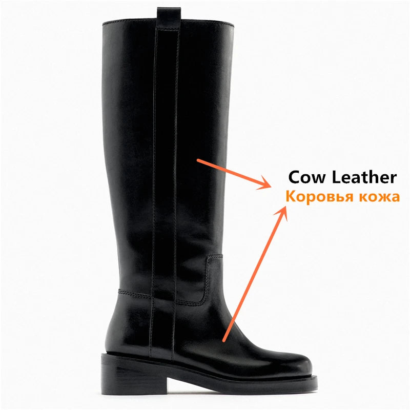 INS Plus Size 34-43 New Fashion Full Genuine Leather Boots Women Slip On Knee High Boots Autumn Winter Straight Knight Botas