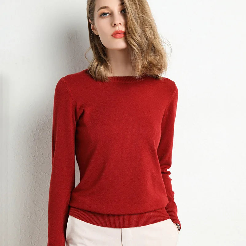 Women Slim ONeck Solid Pullover Cashmere Wool Blending Sweater Autumn And Winter Long-Sleeved Knit Bottoming Shirt Large Size