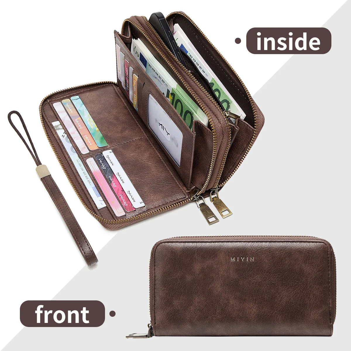 NEW RFID Blocking Vintage Large Capacity Double-Zipper Wallet Stylish Handbag Women'S with Multiple Card Slots and Phone Holder