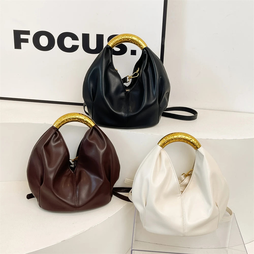 MOODS Retro Gold Ring Handle Women Hobo Bag Soft Vegan Leather Shoulder Crossbody Purse Elegant Luxury Handbag For Evening Party